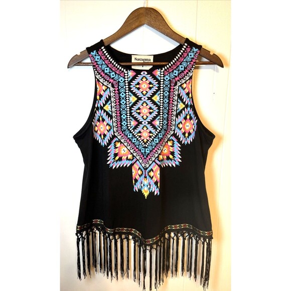 Savannah Jane Women's Size Medium Black Tank Aztec Print Fringe - Picture 3 of 8